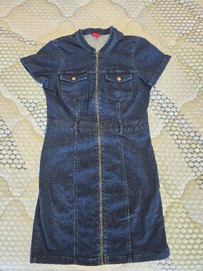 Guess Women's Dark Blue Zip-Front Denim Mini Short Sleeve Dress Size Large